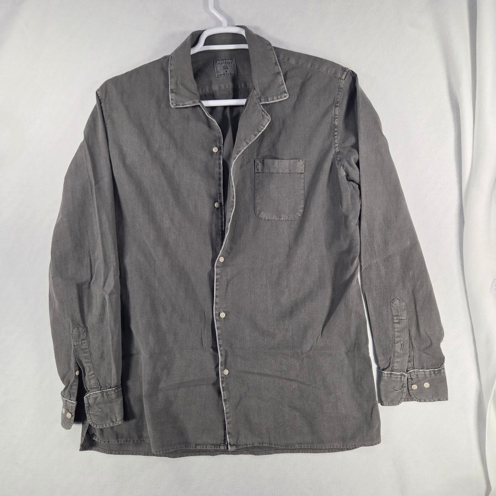 Scalpers Mens Linen Blend Button up Shirt Charcoal Grey Camp Collar Medium